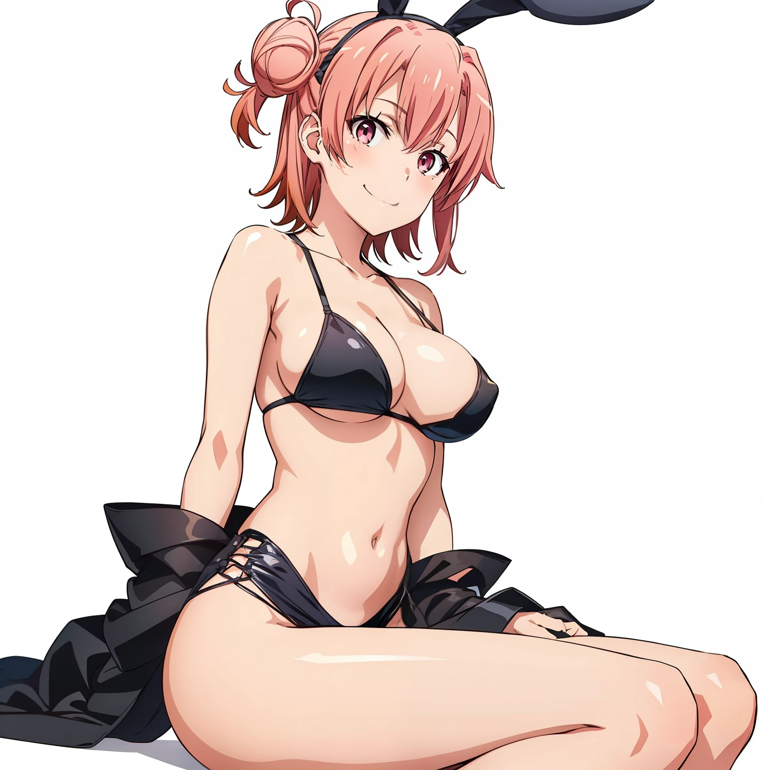 ((masutepiece, Best Quality, hight resolution, nffsw, Perfect Pixel, depth of fields, 4K, )), 1girl in, Solo, , Beautiful anime girl, Beautiful Art Style, close up, Looking at Viewer, Perfect body, side shot, Yuigahama Yui, Short hair, pink hair, pink eyes, hairbun, (large boob), side boob, sitting, black playboy bunny outfit, smile, hands on thighs, blank white background, shot from the waist up