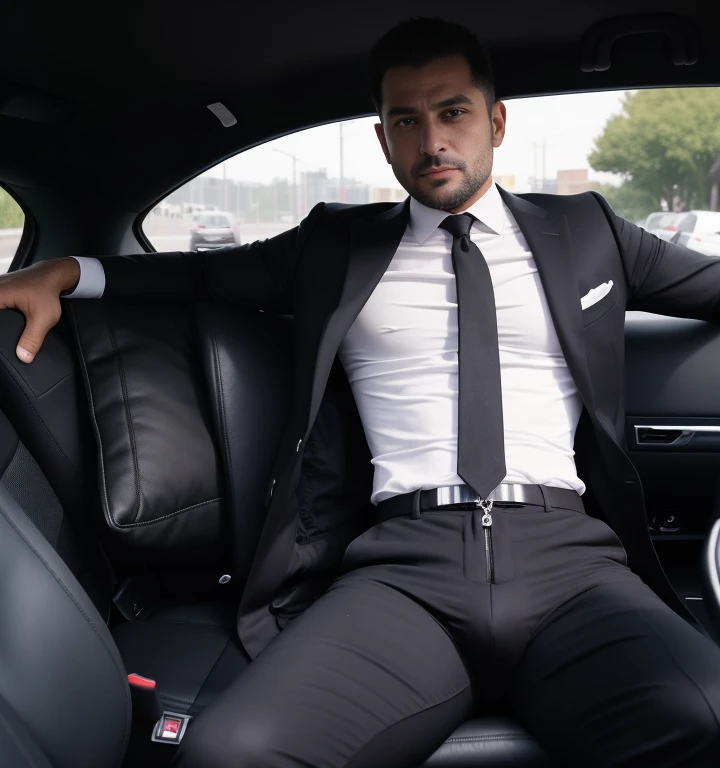 40 years old,One Man,Black Suit,Topless、chest hair、Pubic hair visible、Inside the car、mafia、legs wide open、The crotch area of the pants is bulging,Bulging muscles,Gay ,Short Hair,Short Hair、Stubble,Turk,Hermes Belt。The zipper of his pants is open