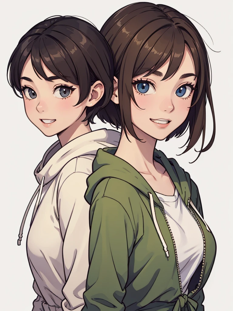 (((masterpiece, best quality, ultra highres, 1 girl, solo, no background))), super detailed skin and face and eyes and finger, young delicate girl, cute girl, very cute japanese woman, small breasts:1.5, skinny, light brown hair, white background, very short pixie hair, cowboy shot, Generate with illustrations, Various expressions, Various poses, Please draw the entire character within the frame, ensuring that the head, arms, and legs are not cut off. The background should be simple, with the character positioned centrally, outline, anime, 2d, boyish, smile showing teeth, big clothes, baggy clothes, comfortable clothes, hoodie,