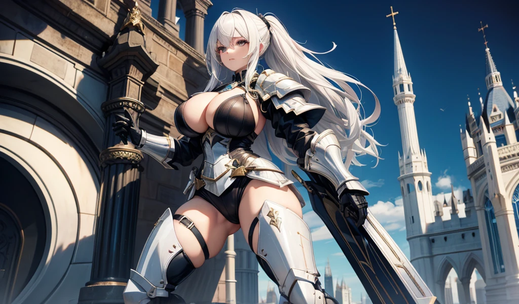 Adult woman with white hair and big breasts,slim figure,Black hairpin,Queen,black knight armor,thigh,castle