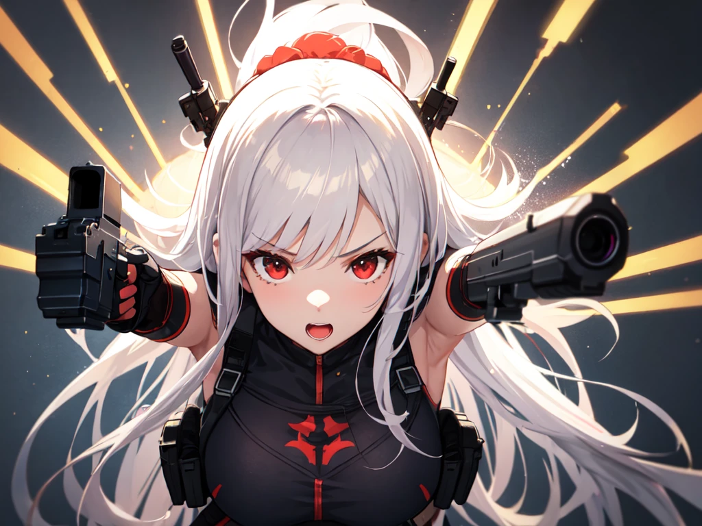 1 man,2 girls on either side,Freefire game characters,white hair,red eyes,Hold the gun.,aggressive,beautiful,electricity,scary,light wallpaper,whole body perspective