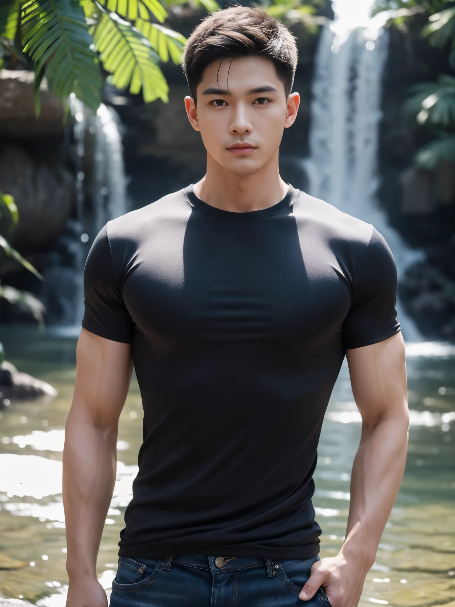 Vietnamese muscle man, Detailed undercut, (Tight T-shirt:1.5) , quiet, Jeans, Take the whole body, Walking posture :: Manly, Look at the camera, (Make eye contact), manhood posture, Manly deportment, Have morals, masculinity, manhood, very detailed facial parts, very detailed neck, Manly, waterfall background, happy expression, professional photos, soft focus, ( raw photos, best quality, Masterpiece:1.2), very detailed, Ultra high resolution, perfect anatomy, ส่วนของร่างกายที่very detailed, The body is very symmetrical., Asia, 18 years old, Highly detailed, detailed face, Detailed eyes, proportional eyes, very detailed mouth, Leaky abdomen :: very detailed, thin, small waist, realistic, human skin, นิ้วที่very detailed, handsome chad chin, Be a man, human skin, handsome, charming, Highly detailed RAW color photo, depth of field, Photo taken from the front, perfect composition, very detailed hands, very detailed fingers
