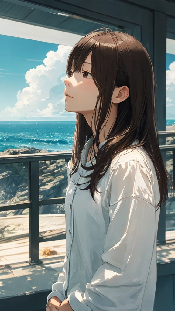 Shiraishi Mei, Looks exactly like Shiraishi Mei,Oceanの方を向いている後ろ姿、Woman looking up at the sky ,Long Hair,  Dark brown hair, 2 girls, 18-year-old, photograph, Realistic, Highest quality, Detailed face, Strong sunlight, Ocean, Embankment, Detailed Background, Diffused sunlight, Written boundary depth, Bokeh (Highest quality: 1.2), (masterpiece: 1.2), Watch Viewer, one piece, White Theme, ,Vision、(((Panorama:1.2)))