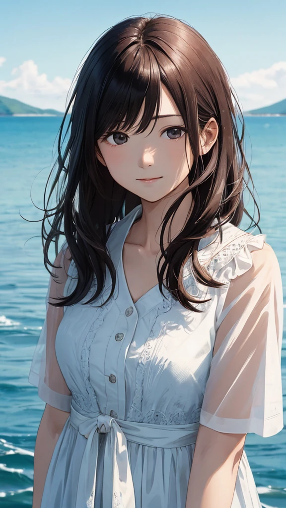 Shiraishi Mei, Looks exactly like Shiraishi Mei,Oceanの方を向いている後ろ姿、Woman looking up at the sky ,Long Hair, Dark brown hair, 2 girls, 18-year-old, photograph, Realistic, Highest quality, Detailed face, Strong sunlight, Ocean, Embankment, Detailed Background, Diffused sunlight, Written boundary depth, Bokeh (Highest quality: 1.2), (masterpiece: 1.2), Watch Viewer, one piece, White Theme, ,Vision、(((Panorama:1.2)))