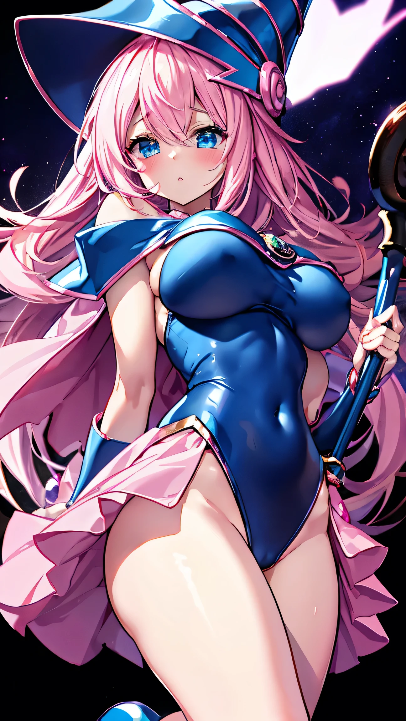 black magician girl、super chestousthick、by rubio、magic circle、8k, 4k, of the highest quality, High resolution: 1.2),flicker、an exposed breast、cute anime face、pink blush on the cheeks.、noise removal、Leotard that bites、have a cane、Hold your cane、