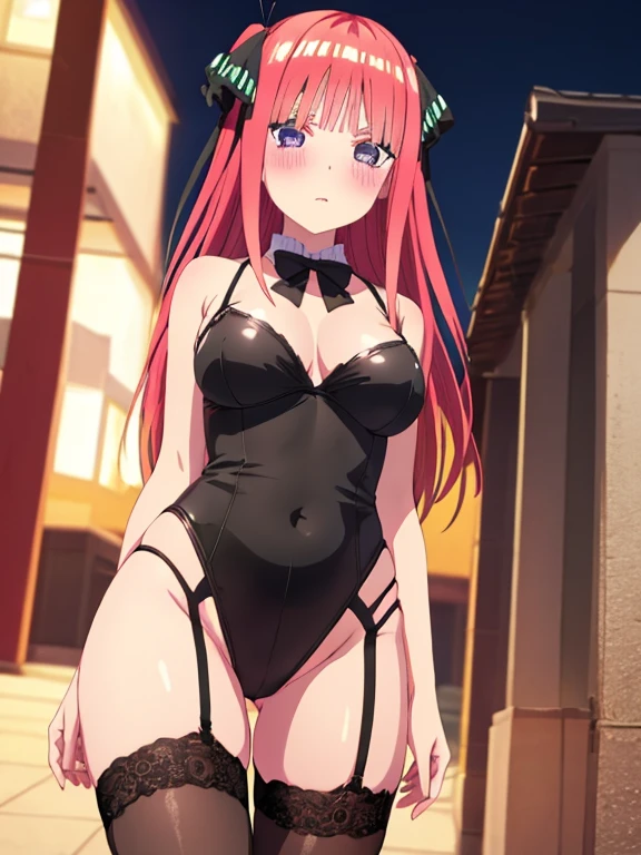 best quality, insanely detailed, nino nakano, breasts, blush, outdoor background, bare-shoulder, looking at viewer, garter strap, a black ribbon, stockings, highleg leotard