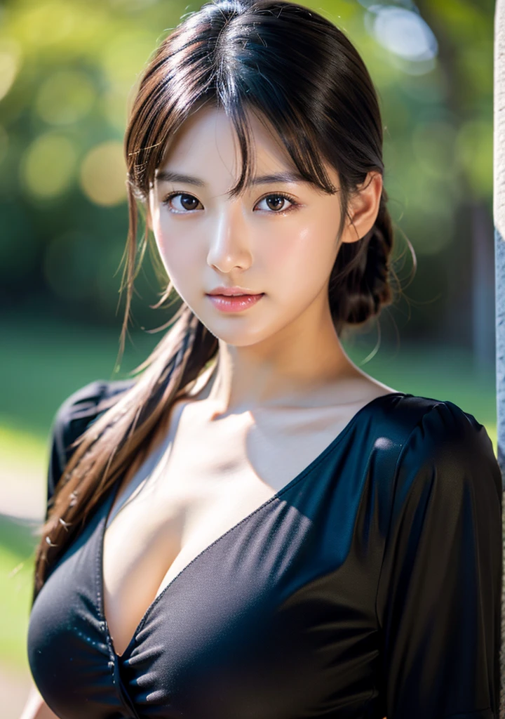 Shiny black shirt with shiny black rubber texture、(Large Breasts:1.4)、Japanese、Gravure idol、Cute 18 year old girl,Black hair in a ponytail, masterpiece, 最high quality, 超high quality, high quality, High resolution, 超High resolution, Absurd, 4K, 8k, 16K, Very detailed, Realistic, photo Realistic, RAWphotograph, photograph, Super Fine Illustration,Beautiful Face、Realistic Face、(Ultra detailed hair)、(Ultra-detailed eyes)、Beautiful details、Realistic Skin、Perfect Anatomy、(Detailed skin)、Beautiful Skin、Charm、Ultra high definition、Ultra-realistic、Correct Anatomy, Perfect proportions