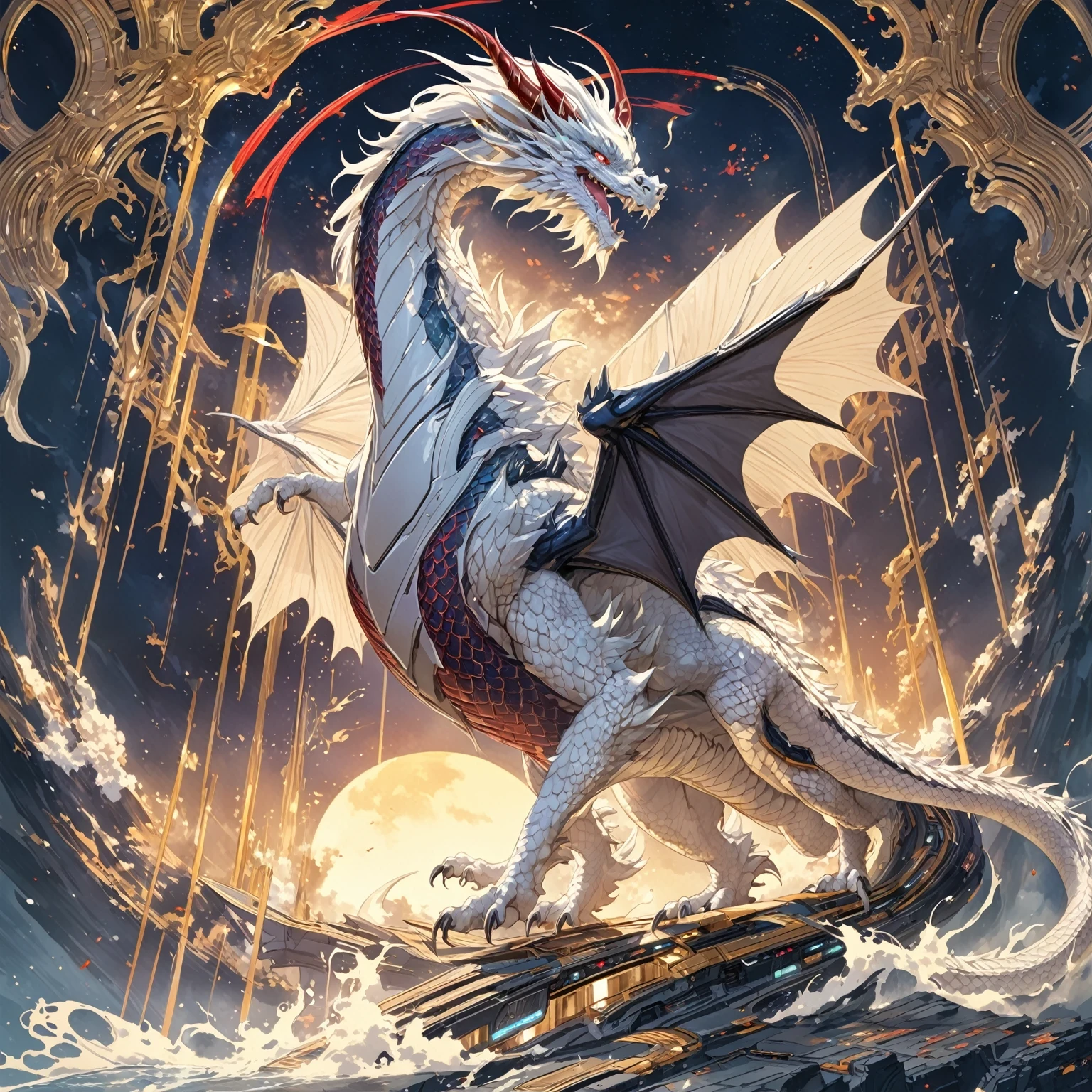 masterpiece, best quality, masterpiece, red dragon Japanese dragon, futuristic sci-fi aesthethic, chinese dragon horn, a white lush mane