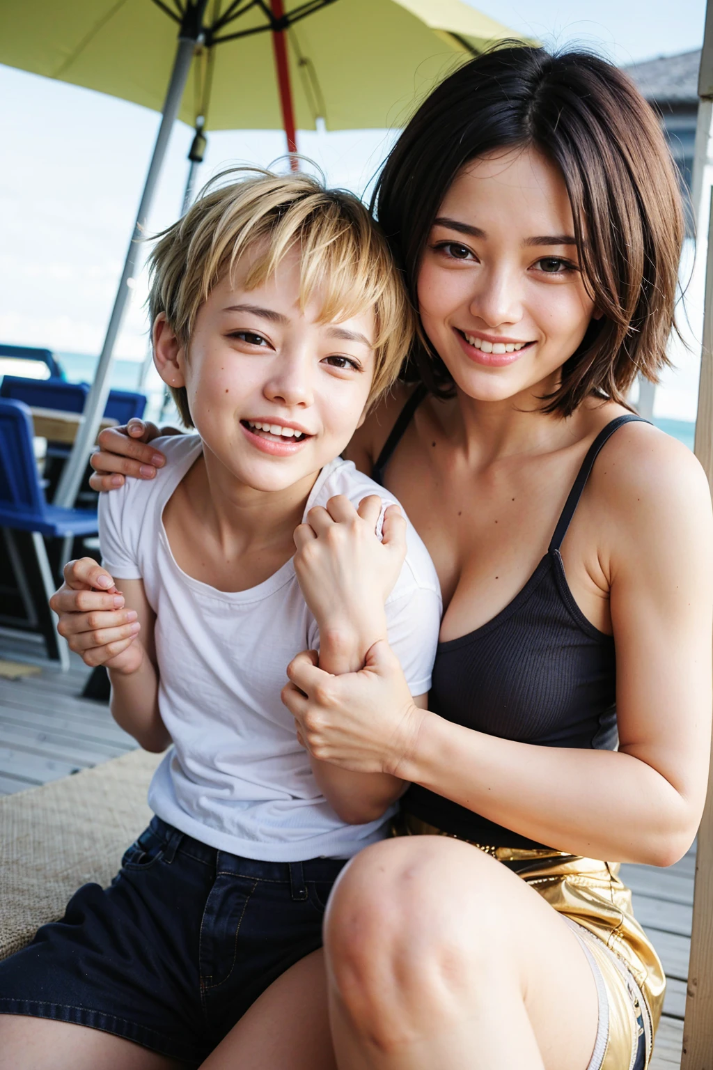 Top quality, 1 beautiful woman, Super short Hair, Gold Hair, wearing tanktop , Laugh, Sunlight, at Beach, Swayback