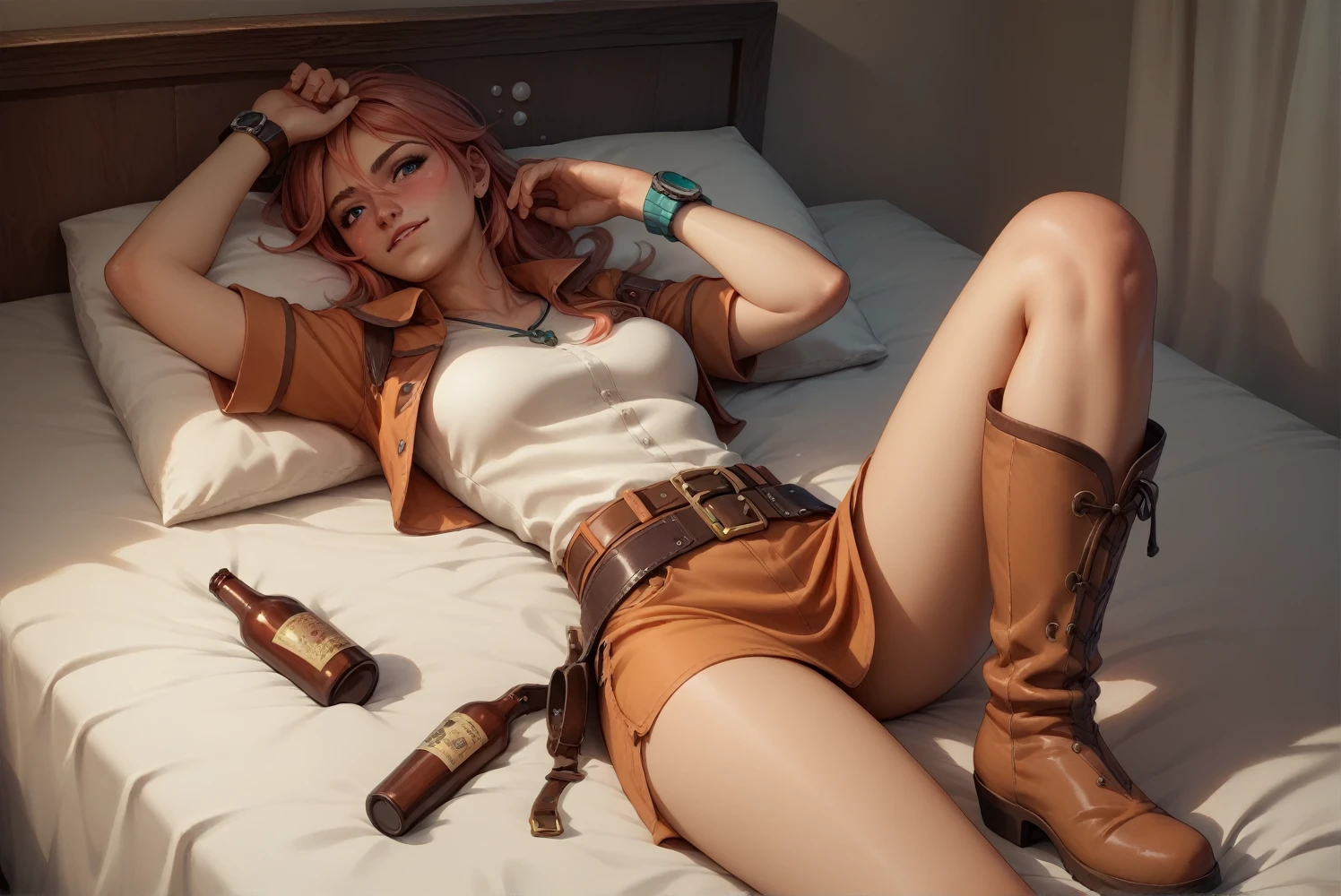 Gemini Sunrise,Western belt with holster,Western Boots,Watch on wrist,Drunk,Sexy face,Above the knee shot,Hiccups are painful,Lying in bed,Ultra high definition,16K