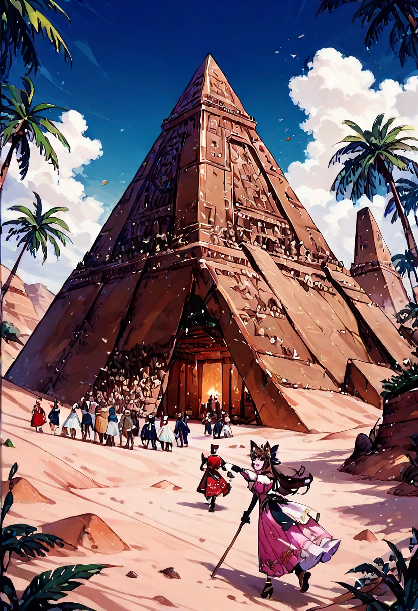 top quality, best quality, High-quality illustrations, masterpiece, super high resolution, detailed background, detailed background, desert, sand dunes, pyramid, Traditional costumes, boys, girls, Happy, joyful, absurdres(highly detailed beautiful face and eyes)perfect anatomy(kemono, furry anthro),