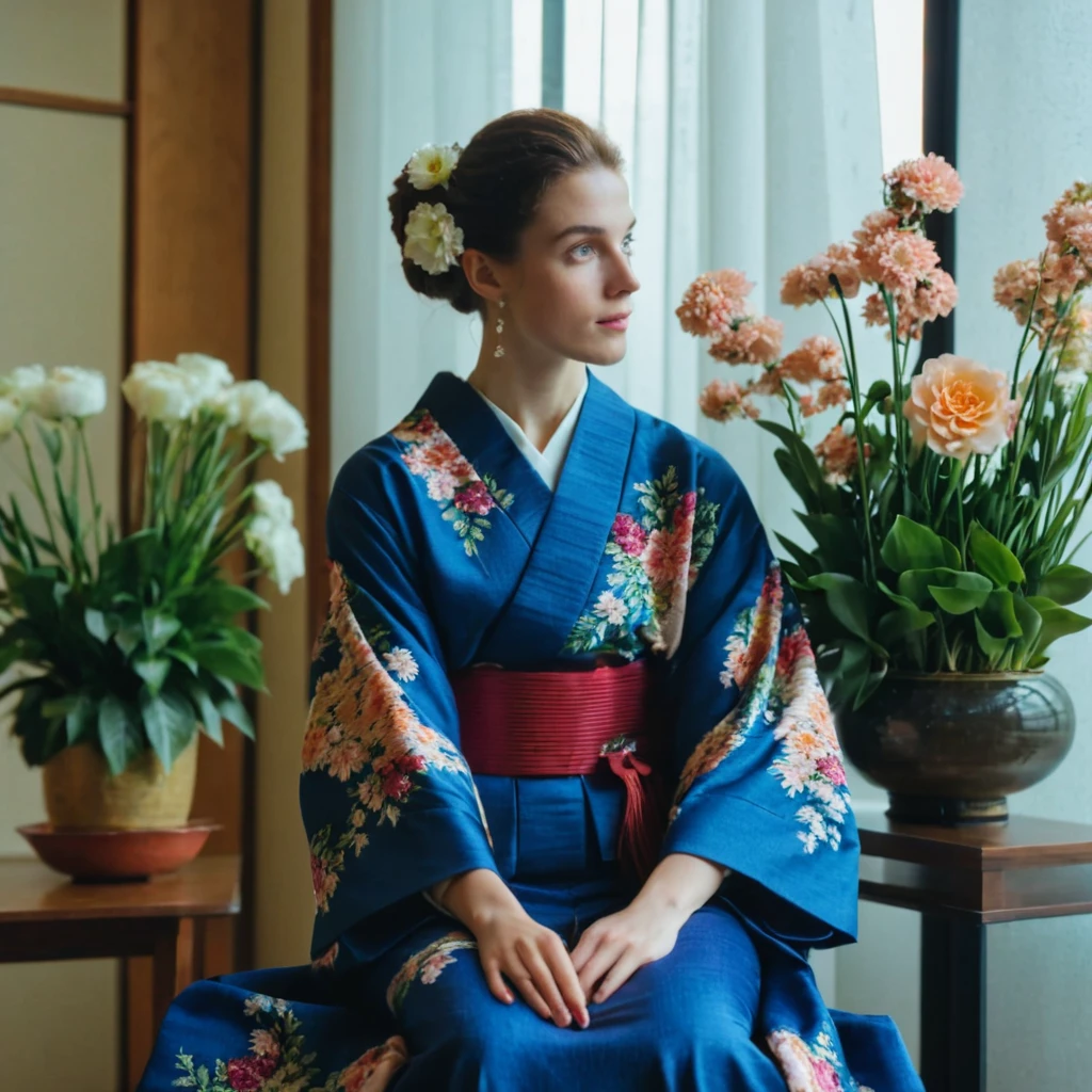 high quality, 最high quality, High resolution, masterpiece, 最高masterpiece, 8k, flower arrangement, English woman, Wear a kimono, Very beautiful woman, 20-year-old, kimono, Japanese-style room, Professional photographer, Natural lighting, Cute Woman, Sitting upright, flower arrangement教室, flower arrangement