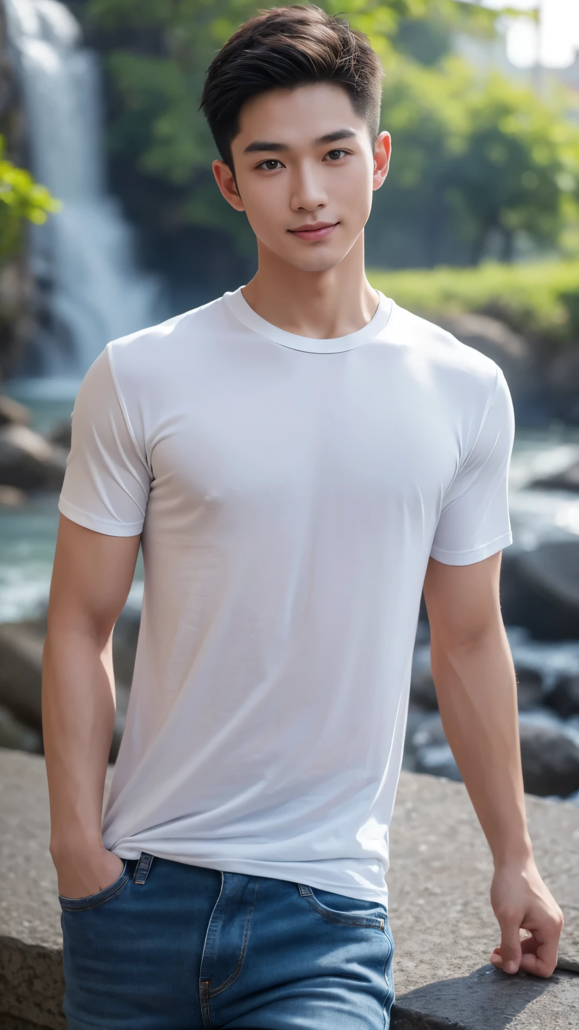 Young muscular Vietnamese man smiles , Short hair, detailed undercut, (Tight T-shirt:1.5) , quiet, Jeans, Take the whole body, Walking posture :: Manly, Look at the camera, (Make eye contact), manhood posture, Manly deportment, Have morals, masculinity, manhood, very detailed facial parts, very detailed neck, Manly, waterfall background, happy expression, professional photos, soft focus, ( raw photos, best quality, Masterpiece:1.2), very detailed, Ultra high resolution, perfect anatomy, ส่วนของร่างกายที่very detailed, The body is very symmetrical., Asia, 18 years old, Highly detailed, detailed face, Detailed eyes, proportional eyes, very detailed mouth, Leaky abdomen :: very detailed, thin, small waist, realistic, human skin, นิ้วที่very detailed, handsome chad chin, Be a man, human skin, handsome, charming, Highly detailed RAW color photo, depth of field, Photo taken from the front, perfect composition, very detailed hands, very detailed fingers