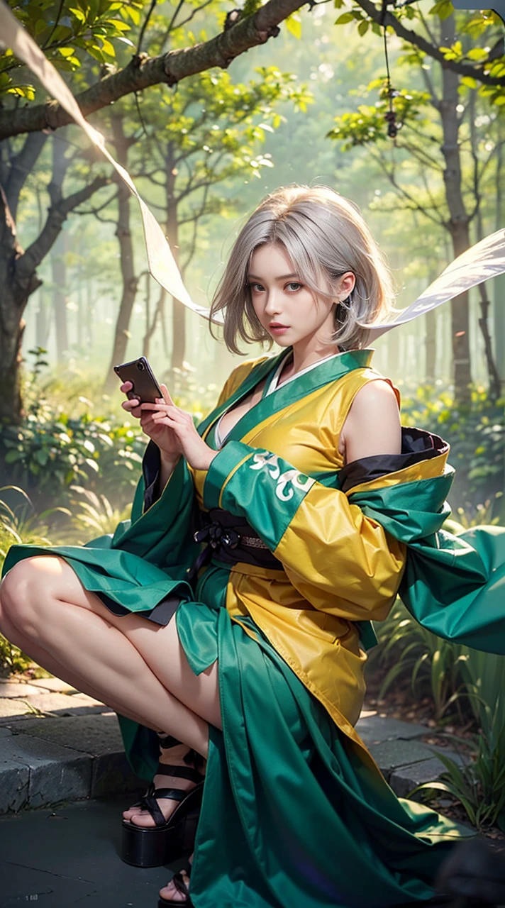 ((Forest background:1.5)、Female ninja fighting in the forest)、(Realistic、Like a photograph、Live Action、8k, Photorealistic, RAW Photos, Best image quality: 1.4), Single-lens reflex camera、RAW Photos, highest quality, Realistic, Highly detailed CG Unity 8k wallpaper, Written boundary depth, Cinematic Light, Lens flare, Ray Tracing, Realistic background、((waso:1.5、kimono、ninjya:1.3、kunoichi:1.4)、Sexy Ninja:1.37、Get into a fighting stance:1.3、Ninjutsu activation:1.2、Trained abdominal muscles、Cleavage、Big Breasts)、Grey Hair、short hair、Standing in the forest、Night Village、((Ultra-dense skin))、 1 girl,Cute Kunoichi、((whole body:1.5),Looking at the audience:1.1、Glare、I like that style、Pay attention to the details、The perfect outfit、(White skin)、An accurate portrait、Accurate Arm、Accurate feet、Beautiful legs、Precise thighs、View from the front