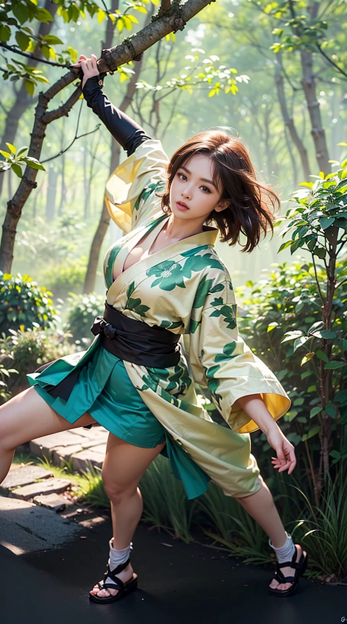 ((Forest background:1.5)、Female ninja fighting in the forest)、(Realistic、Like a photograph、Live Action、8k, Photorealistic, RAW Photos, Best image quality: 1.4), Single-lens reflex camera、RAW Photos, highest quality, Realistic, Highly detailed CG Unity 8k wallpaper, Written boundary depth, Cinematic Light, Lens flare, Ray Tracing, Realistic background、((waso:1.5、kimono、ninjya:1.3、kunoichi:1.4)、Sexy Ninja:1.37、Get into a fighting stance:1.3、Ninjutsu activation:1.2、Trained abdominal muscles、Cleavage、Big Breasts)、Grey Hair、short hair、Standing in the forest、Night Village、((Ultra-dense skin))、 1 girl,Cute Kunoichi、((whole body:1.5),Looking at the audience:1.1、Glare、I like that style、Pay attention to the details、The perfect outfit、(White skin)、An accurate portrait、Accurate Arm、Accurate feet、Beautiful legs、Precise thighs、View from the front