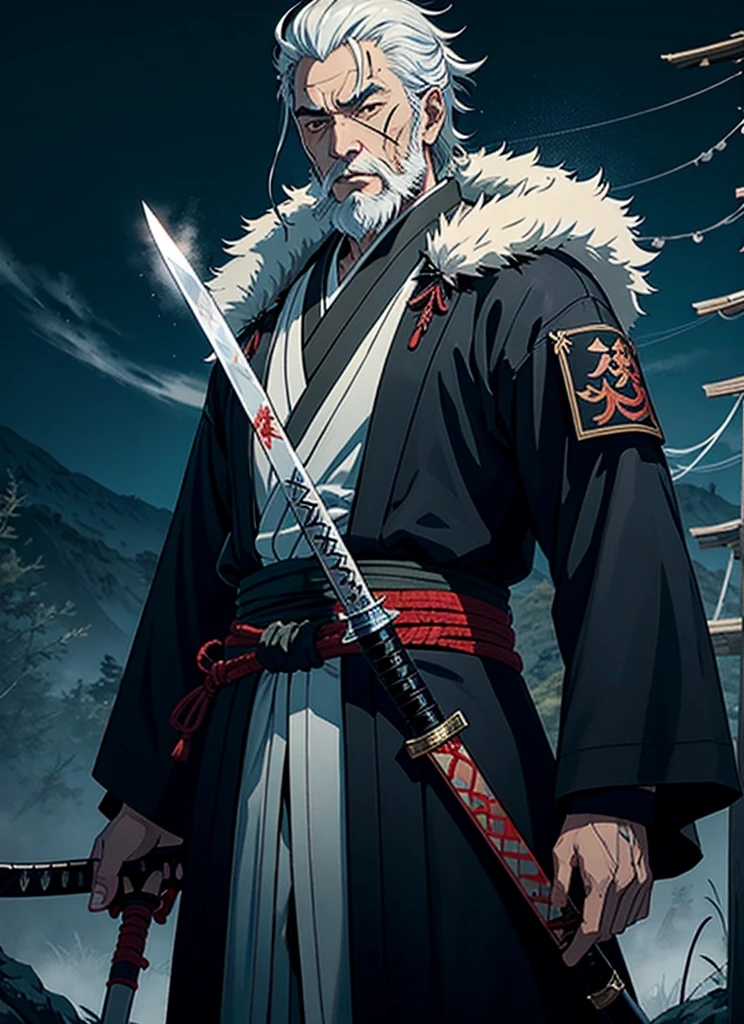 Isshin, the Sword Saint is a legendary warrior and the founder of the Ashina Clan. He is an old man with white hair and beard, wearing a blue kimono with black patterns and a white cloak. He carries a katana and a spear. He also has a gun hidden in his sleeve.

He awaits Sekiro in the great grass field where he first fought Genichiro Ashina, his grandson. The field is covered with blood and corpses of soldiers who died in the battle. The sky is dark and stormy, and lightning flashes occasionally. Isshin emerges from Genichiro’s body after he sacrifices himself to revive him using the Black Mortal Blade. He respects Sekiro as a worthy opponent and challenges him to a final duel for the fate of Ashina.
moon, dark theme, light, fantasy,