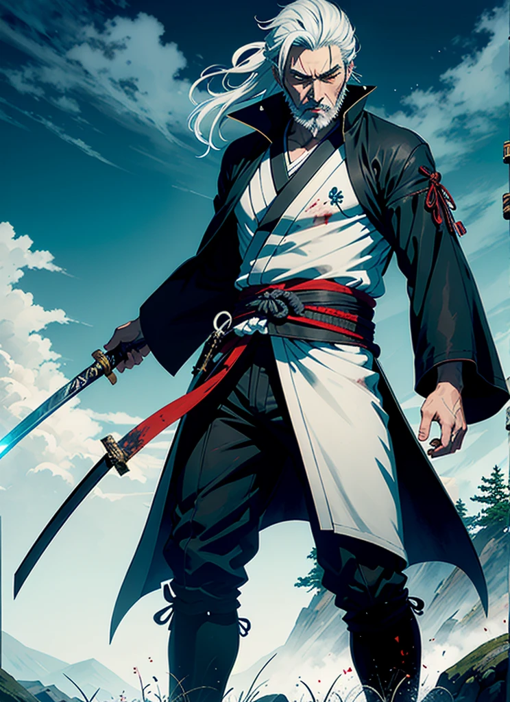 Isshin, the Sword Saint is a legendary warrior and the founder of the Ashina Clan. He is an old man with white hair and beard, wearing a blue kimono with black patterns and a white cloak. He carries a katana and a spear. He also has a gun hidden in his sleeve.
He awaits Sekiro in the great grass field where he first fought Genichiro Ashina, his grandson. The field is covered with blood and corpses of soldiers who died in the battle. The sky is dark and stormy, and lightning flashes occasionally. Isshin emerges from Genichiro’s body after he sacrifices himself to revive him using the Black Mortal Blade. He respects Sekiro as a worthy opponent and challenges him to a final duel for the fate of Ashina.
moon, dark theme, light, fantasy,