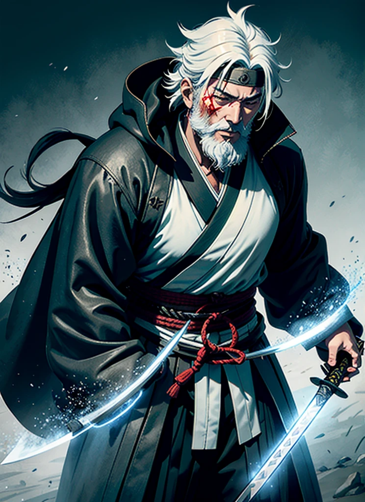 Isshin, the Sword Saint is a legendary warrior and the founder of the Ashina Clan. He is an old man with white hair and beard, wearing a blue kimono with black patterns and a white cloak. He carries a katana and a spear. He also has a gun hidden in his sleeve.
He awaits Sekiro in the great grass field where he first fought Genichiro Ashina, his grandson. The field is covered with blood and corpses of soldiers who died in the battle. The sky is dark and stormy, and lightning flashes occasionally. Isshin emerges from Genichiro’s body after he sacrifices himself to revive him using the Black Mortal Blade. He respects Sekiro as a worthy opponent and challenges him to a final duel for the fate of Ashina.
moon, dark theme, light, fantasy,