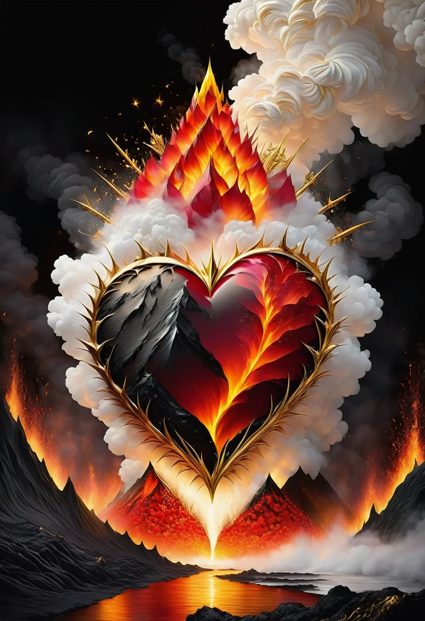 heart, fusion of rose petals and golden thorns and volcano, magma, lava, fire, extravagant, elegant, thick white smoke, gold black red high octane, attention to detail, high detail, high resolution, jewelry, soft lighting