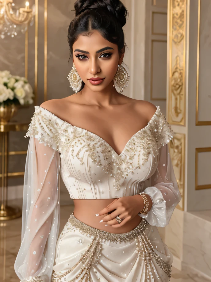 Create an ultra-realistic image of a modern, attractive female influencer of Indian descent, aged between 27 to 30. She should have a warm and inviting smile, expressive almond-shaped eyes with a slight shimmer, and clear, glowing skin with a medium brown complexion. Her features should be well-defined, with high cheekbones and a sharp jawline. Her hair should be styled in vintage curls with a subtle, jeweled hairpin, and have a messy bun. She should have a slender yet athletic build, reflecting a healthy and active lifestyle, with gigantic, plump breasts (1.1). She is wearing a lavish ivory silk gown featuring exquisite feather accents on the shoulders and extensive heavy beadwork. The bodice is adorned with intricate crystal and pearl embellishments that cascade down into the flowing skirt. The gown's luxurious design is enhanced by the dense beadwork, creating a shimmering, high-impact effect that adds to its regal allure. Her outfit is completed with stylish black heeled sandals that add elegance to her look. She accessorizes with subtle yet chic jewelry, such as small hoop earrings and a few thin bangles. The background should be an elegant ballroom with marble floors, grand chandeliers, and opulent decor. Her overall appearance should exude confidence, approachability, and sophistication, capturing the essence of a contemporary Indian fashion influencer.