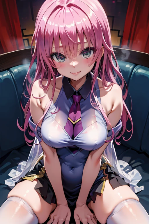 embarrassed, (china dress), White see-through Chinese dress, sweat, Wet, see-through clothes, seductive smile, fucked silly, sitting, Open legs wide, spread legs, Pushing hips forward, (extreme close-up of thigh:1.5), (The view is from very close below:1.5), Pushing hips forward, arms behind back, Chinese restaurant, Bright interior,
lala satalin deviluke, Lala Satalin Deviluke,To Love Ru,
