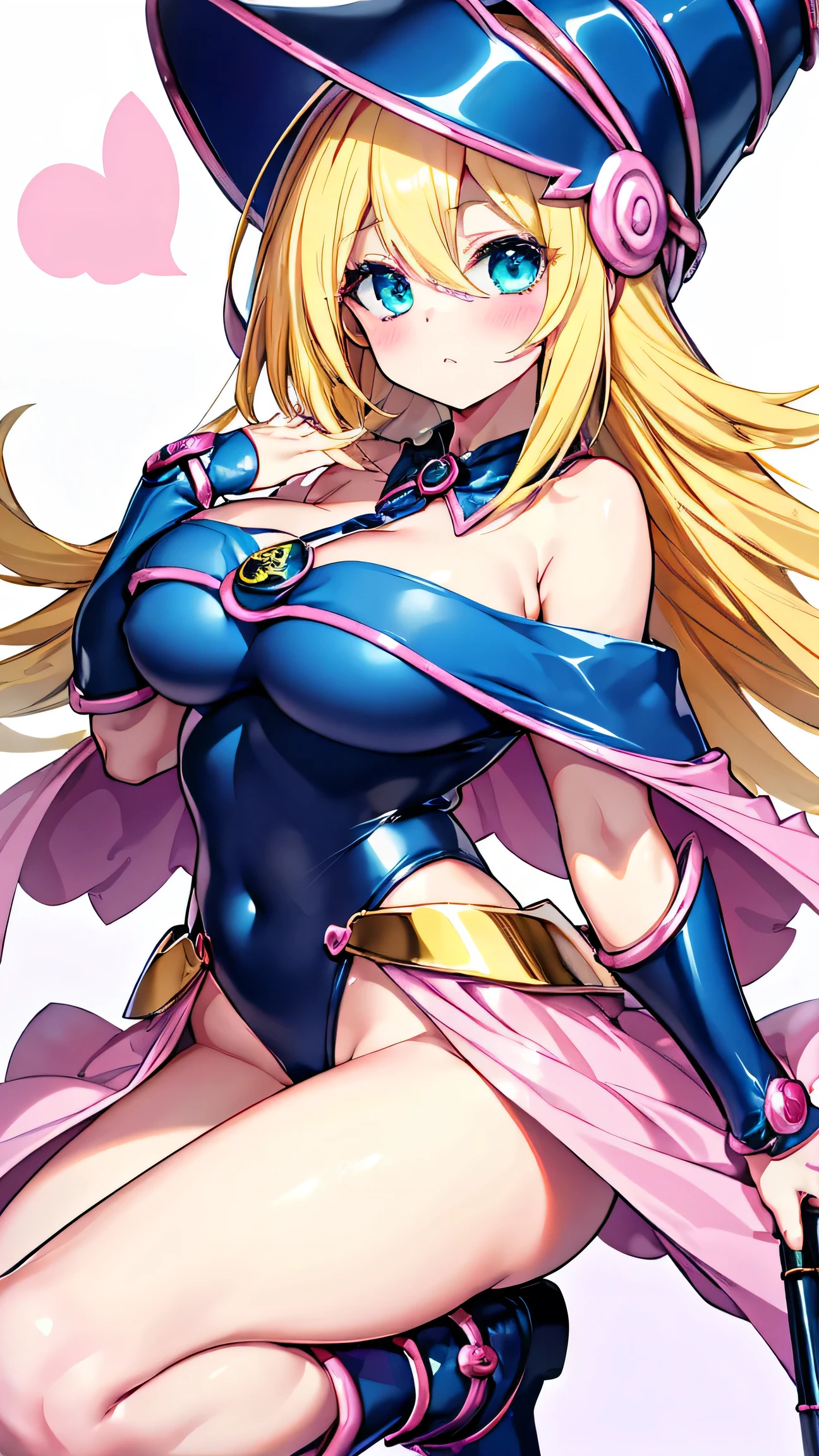 black magician girl、super chestousthick、yellow blonde hair、magic circle、8k, 4k, of the highest quality, High resolution: 1.2),flicker、an exposed breast、cute anime face、pink blush on the cheeks.、noise removal、Leotard that bites、have a cane、Hold your cane、