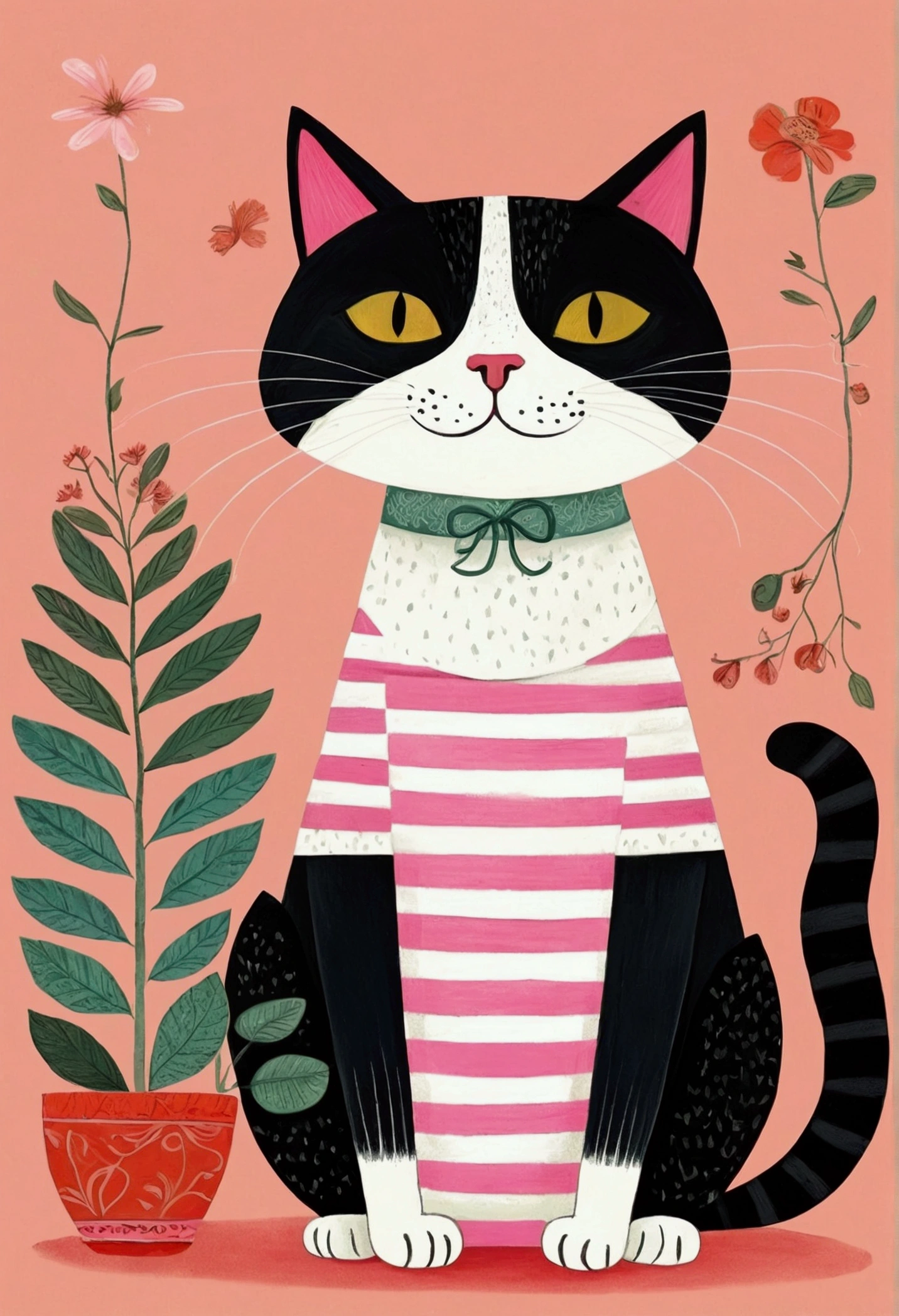 There is a black cat，Wearing a pink and white striped shirt, Cat design, 一只猫的illustration, 可爱的illustration, an Anthropology Cat, Anthropology Cat, cat detailed, Anthropomorphic cat, Elegant cat, Cat Cat Cat, a A painting of a cat, A painting of a cat, Childish Art, cats and plants, cat in the forest, illustration of a cat, Drawn in a whimsical style, cute illustration, Jane Newland, illustration!, #illustration, A painting of a cat, cute storybook illustration