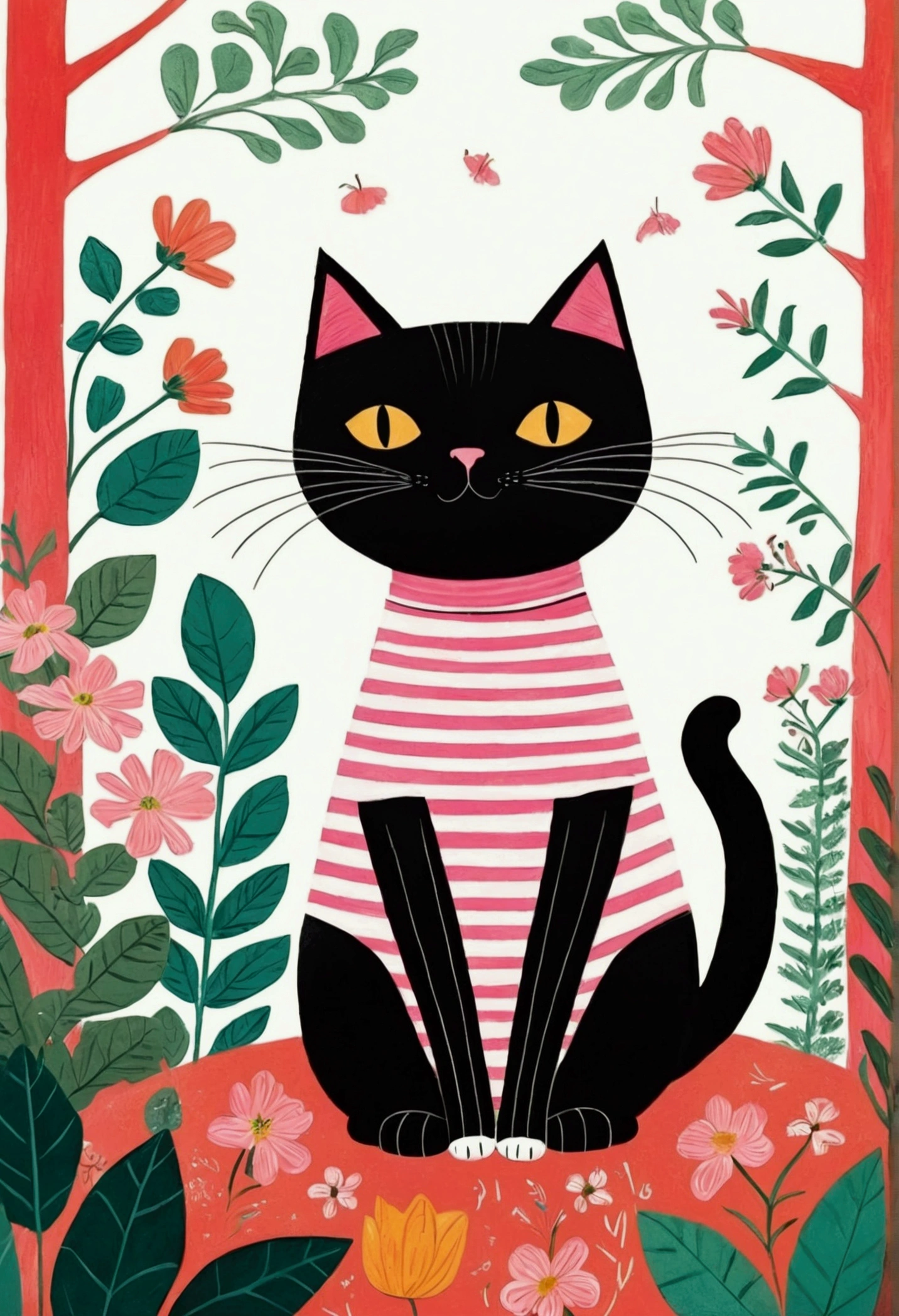 There is a black cat，Wearing a pink and white striped shirt, Cat design, 一只猫的illustration, 可爱的illustration, an Anthropology Cat, Anthropology Cat, cat detailed, Anthropomorphic cat, Elegant cat, Cat Cat Cat, a A painting of a cat, A painting of a cat, Childish Art, cats and plants, cat in the forest, illustration of a cat, Drawn in a whimsical style, cute illustration, Jane Newland, illustration!, #illustration, A painting of a cat, cute storybook illustration