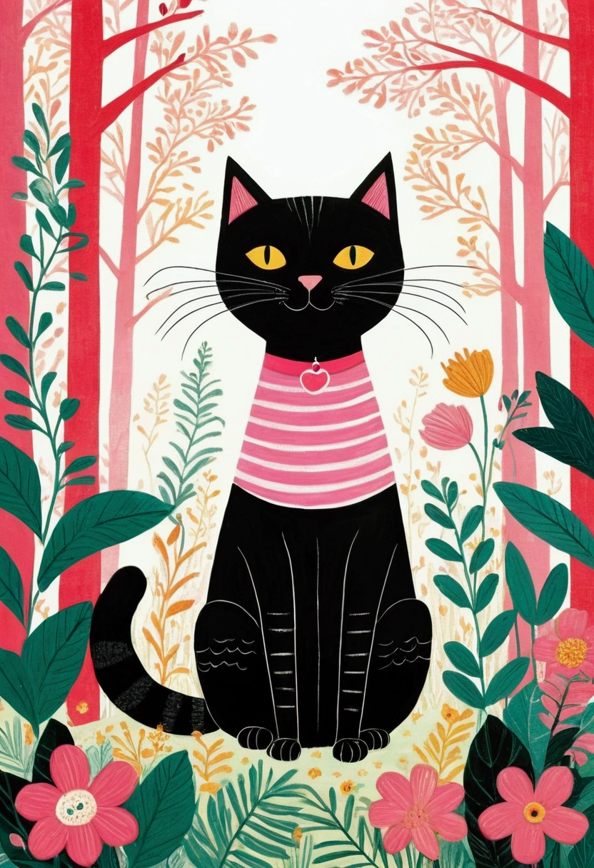 There is a black cat，Wearing a pink and white striped shirt, Cat design, 一只猫的illustration, 可爱的illustration, an Anthropology Cat, Anthropology Cat, cat detailed, Anthropomorphic cat, Elegant cat, Cat Cat Cat, a A painting of a cat, A painting of a cat, Childish Art, cats and plants, cat in the forest, illustration of a cat, Drawn in a whimsical style, cute illustration, Jane Newland, illustration!, #illustration, A painting of a cat, cute storybook illustration