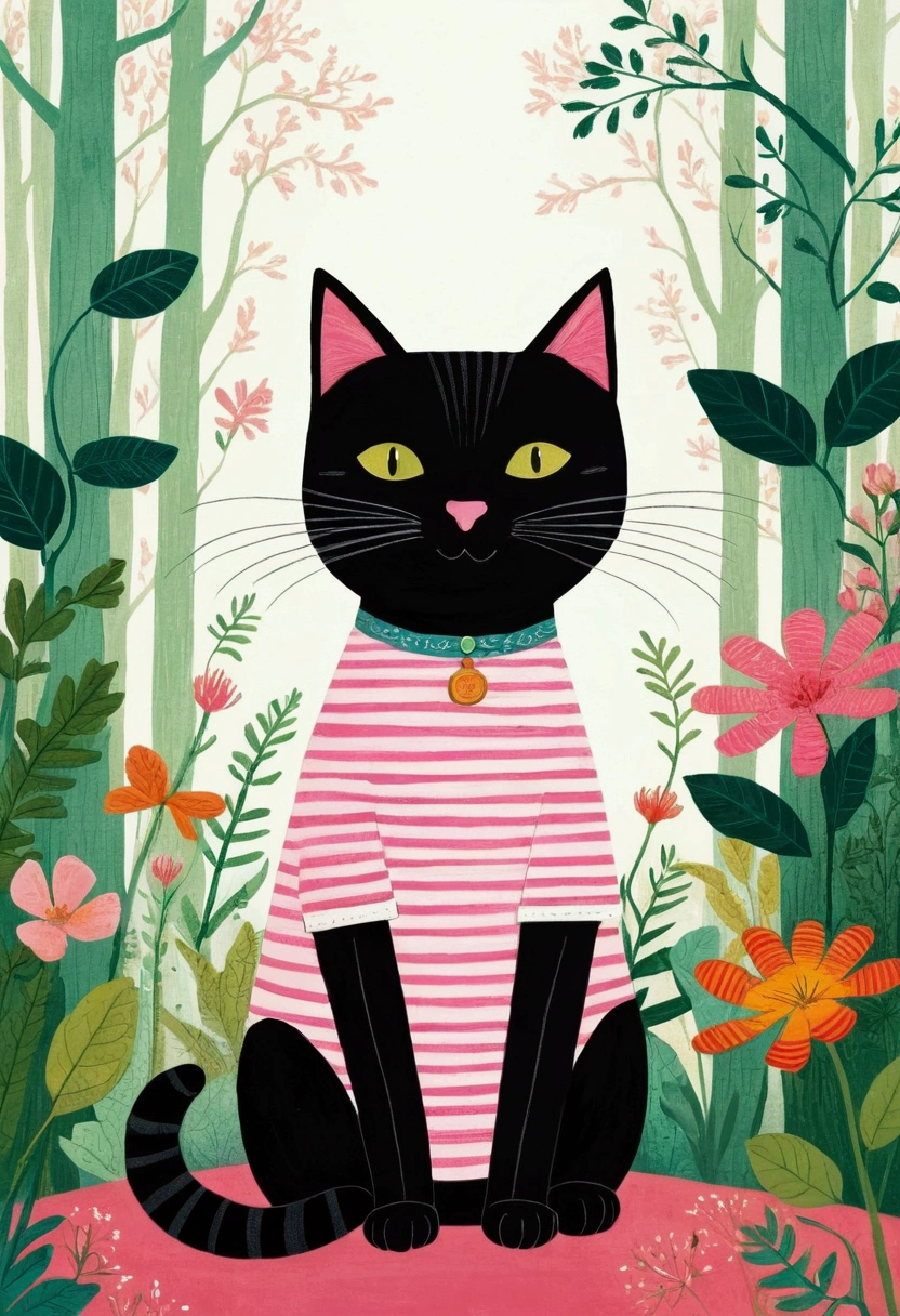 There is a black cat，Wearing a pink and white striped shirt, Cat design, 一只猫的illustration, 可爱的illustration, an Anthropology Cat, Anthropology Cat, cat detailed, Anthropomorphic cat, Elegant cat, Cat Cat Cat, a A painting of a cat, A painting of a cat, Childish Art, cats and plants, cat in the forest, illustration of a cat, Drawn in a whimsical style, cute illustration, Jane Newland, illustration!, #illustration, A painting of a cat, cute storybook illustration
