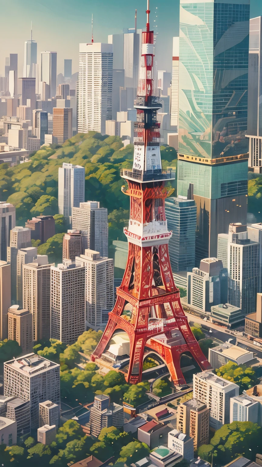 Realistic、Tokyo Tower、Ropeway、Tokyo Towerへ進む描写、sunny、Overlooking the Tokyo cityscape