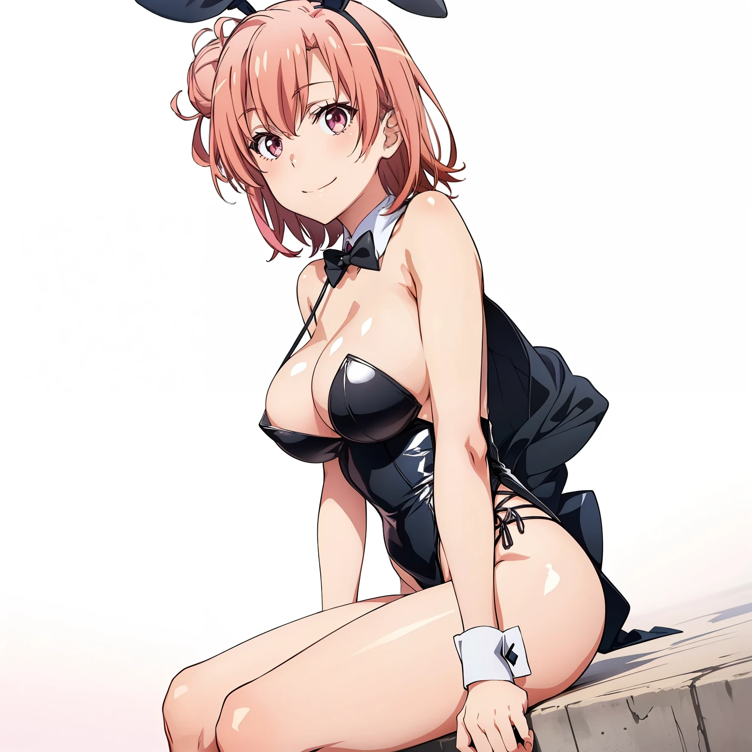 ((masutepiece, Best Quality, hight resolution, nffsw, Perfect Pixel, depth of fields, 4K, )), 1girl in, Solo, , Beautiful anime girl, Beautiful Art Style, close up, Looking at Viewer, Perfect body, side shot, Yuigahama Yui, Short hair, pink hair, pink eyes, hairbun, (large boob), side boob, sitting, black playboy bunny outfit, smile, hands on thighs, blank white background, shot from the waist up
