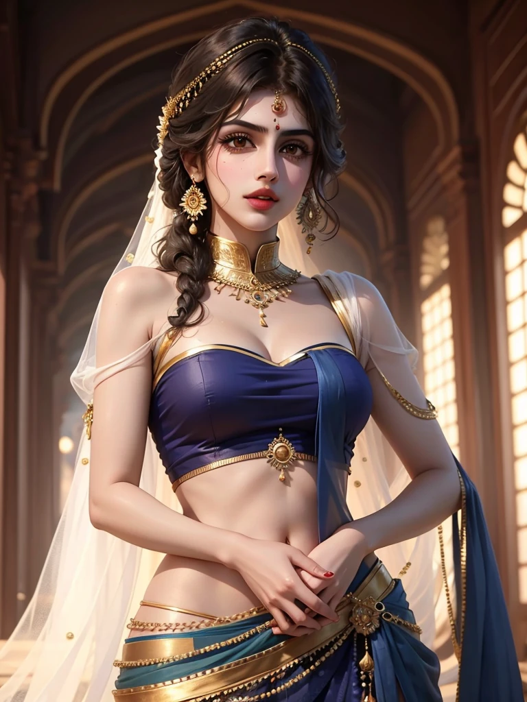 Rhea Chakraborty plays a beautiful 18-year-old woman, She is wearing a gorgeous navy blue ghagra and long blouse, Eye mascara, eye shadow, Long eyelashes, Gold Jewelry , Large Breasts, Stand in the palace, Upper Body, back view, Big Plans, Pubic hair is visible and she's holding my hand, looking in my eyes and she's the cutest girl in world