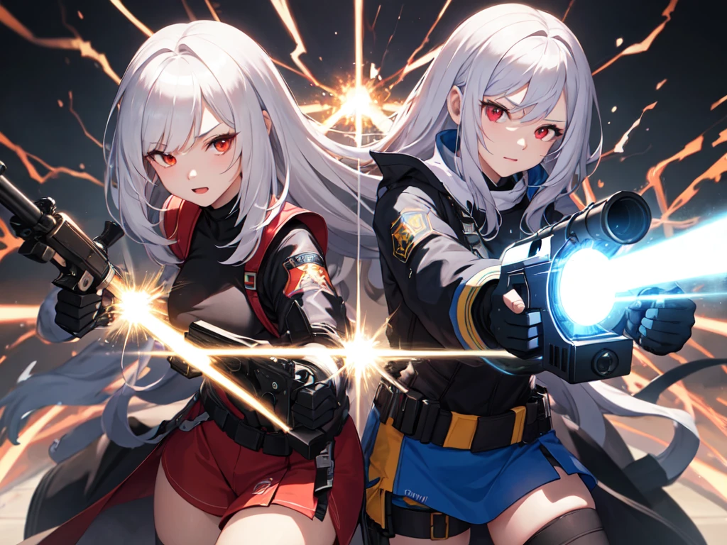 1ชายหล่อHold the gun.ผมสีฟ้าขาวตาสีเหลือง,2 girls on either side,Freefire game characters,white hair,red eyes,Hold the gun.,aggressive,beautiful,electricity,scary,light wallpaper,whole body perspective