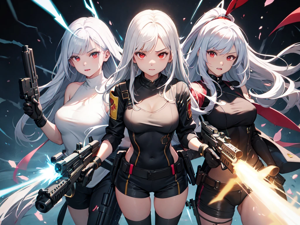 1ชายหล่อHold the gun.ผมสีฟ้าขาวตาสีเหลือง,2 girls on either side,Freefire game characters,white hair,red eyes,Hold the gun.,aggressive,beautiful,electricity,scary,light wallpaper,whole body perspective