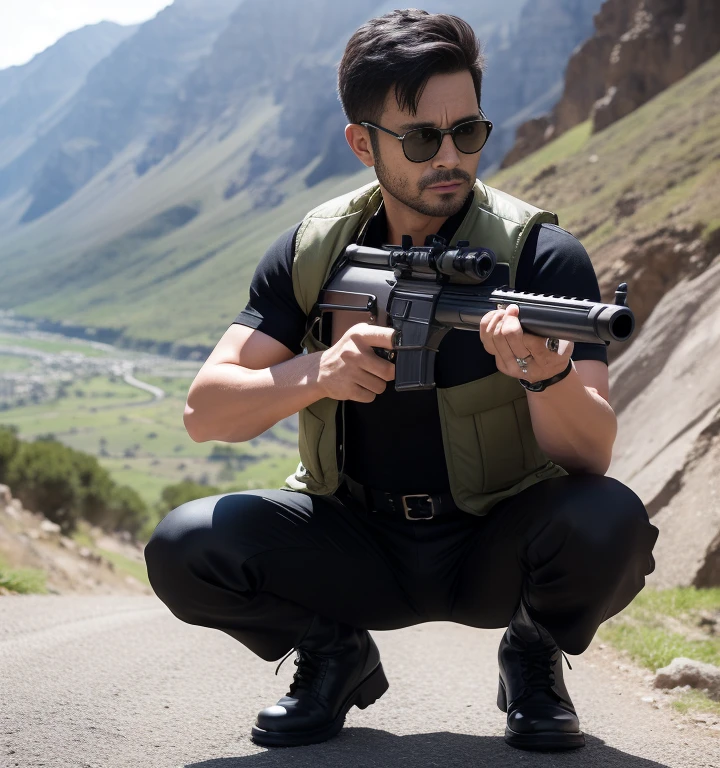 45 years old,One Man,Black bodysuit、Dark green bullet vest、Israeli fighters,Cliff in the mountains、Squat with your legs wide apart、Hold a gun,logic,Gay ,ぼさぼさのShort Hair、Short Hair、Black Hair、Stubble,Handsome、Fighting spirit、The crotch area is bulging。Shocker Belt、Black boots、Black gloves、Black sunglasses