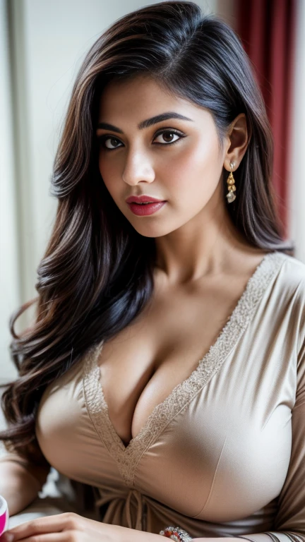 Portrait of A confident-looking indian girl with long flowing hair, having coffee at home,hazel and brown eyes, c-cup breasts,bokeh, perfect composition, hyper realistic, super detailed, 8k, high quality, trending art, trending on attestation, sharp focus, studio photo, intricate details, highly detailed Big brest nipple nice clevage seductive poses red lips