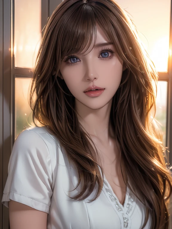 (school Teachers uniform:1.5), (realistic, realistic photo: 1.37), high definition RAW photograph, high definition and beautiful, 8k wallpaper, Amazing details, highly detailed beautiful girl, Extremely detailed face, (Finely defined super beautiful eyes:1.5), Depth of written boundary, natural soft lighting, UHD, Realistic Skin, evening sunset, (evening sunset outside the window:1.2, sunset through window:1.2), From inside the classroom, cute girl, (Tight hair), (Ultra Soft hair), (ultra straight hair), Swept long bangs, light coppery amber hair, skinny body, Curvaceous, Beautiful breasts, small breasts, pale skin, pointed breast, (Best Quality, High quality, High Definition, high quality texture, high detailing, Beautiful detailed, fine detailed, extremely details CG, Detailed texture,realistic representation of face, masterpiece, presence,Dynamic,Bold), Ultra detailed skin, Perfect Face, looking at the viewer, beautiful clavicle, Backlight,