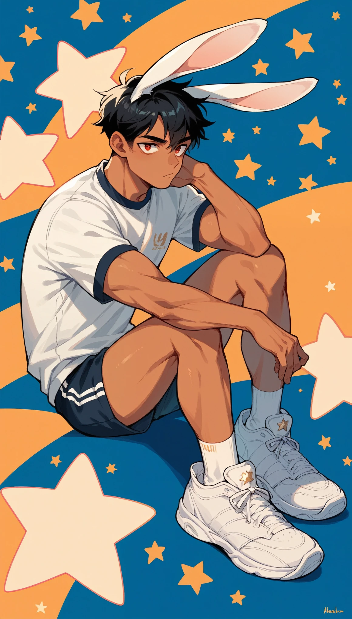 Handsome boy,Black Hair，Tanned skin，Rabbit ears，Sportswear，Slim body，sit，He has a pair of warm red eyes，Stars background，White socks，White sneakers