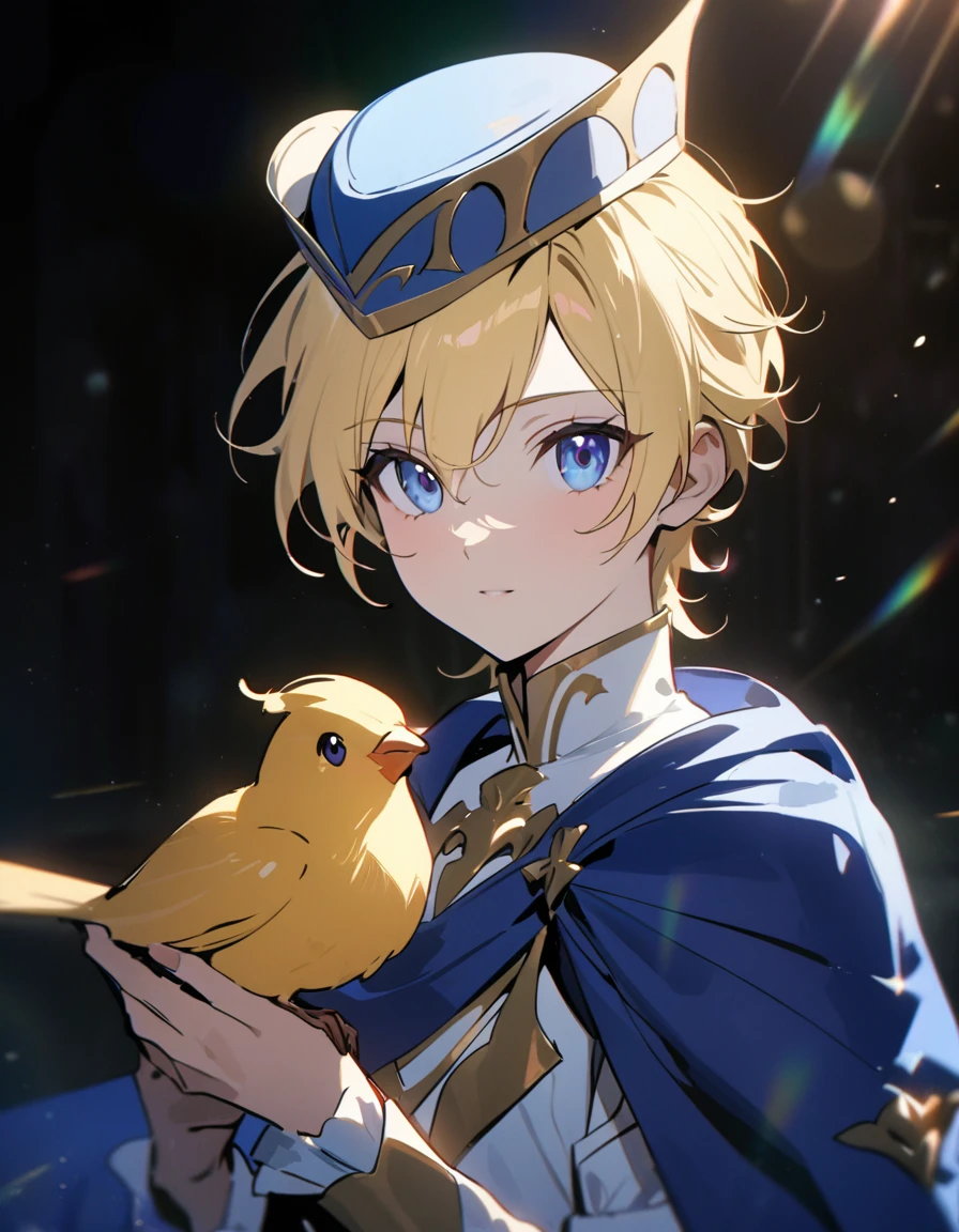 "{{masterpiece}}, Highest quality, Cinema Lighting, Captivating lens flare,Wearing a blue cape and hat、Anime character holding a bird, Portrait of the Magical Blonde Prince, Beautiful androgynous prince, Inspired by Le Chevalier, A delicate androgynous prince, Machiavelli&#39;s Puppet Master, okita sougo, 青い目をした背の高いアニメのmale,Handsome,male, [[[[smile wickedly]]]], Anime boy with orange hair, Zero-chan, Fascinating colorful light particles, Attractive heterochromia, (Vivid and vibrant:1.5), (Vibrant and lively hair:1.5).", Cyan eyes, , (8k, Original photo, Highest quality, masterpiece: 1.2), (practical: 1.6), (masterpiece), (Highest quality: 1.0), (Ultra-high resolution: 1.0), detailed, only, detailed beautiful skin, detailed room, practical skin, High quality CG, fair