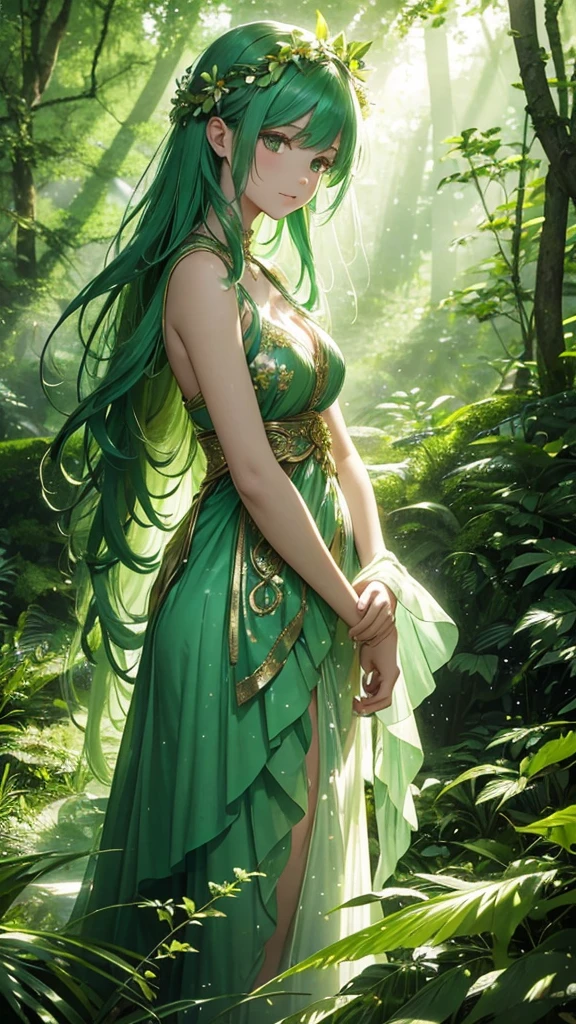 Prompt: “A beautiful forest nymph with flowing, emerald-green hair adorned with flowers and leaves. She stands in a lush, sun-dappled forest, her delicate, shimmering dress blending seamlessly with her natural surroundings. Her eyes are deep and mysterious, reflecting the ancient wisdom of the forest.