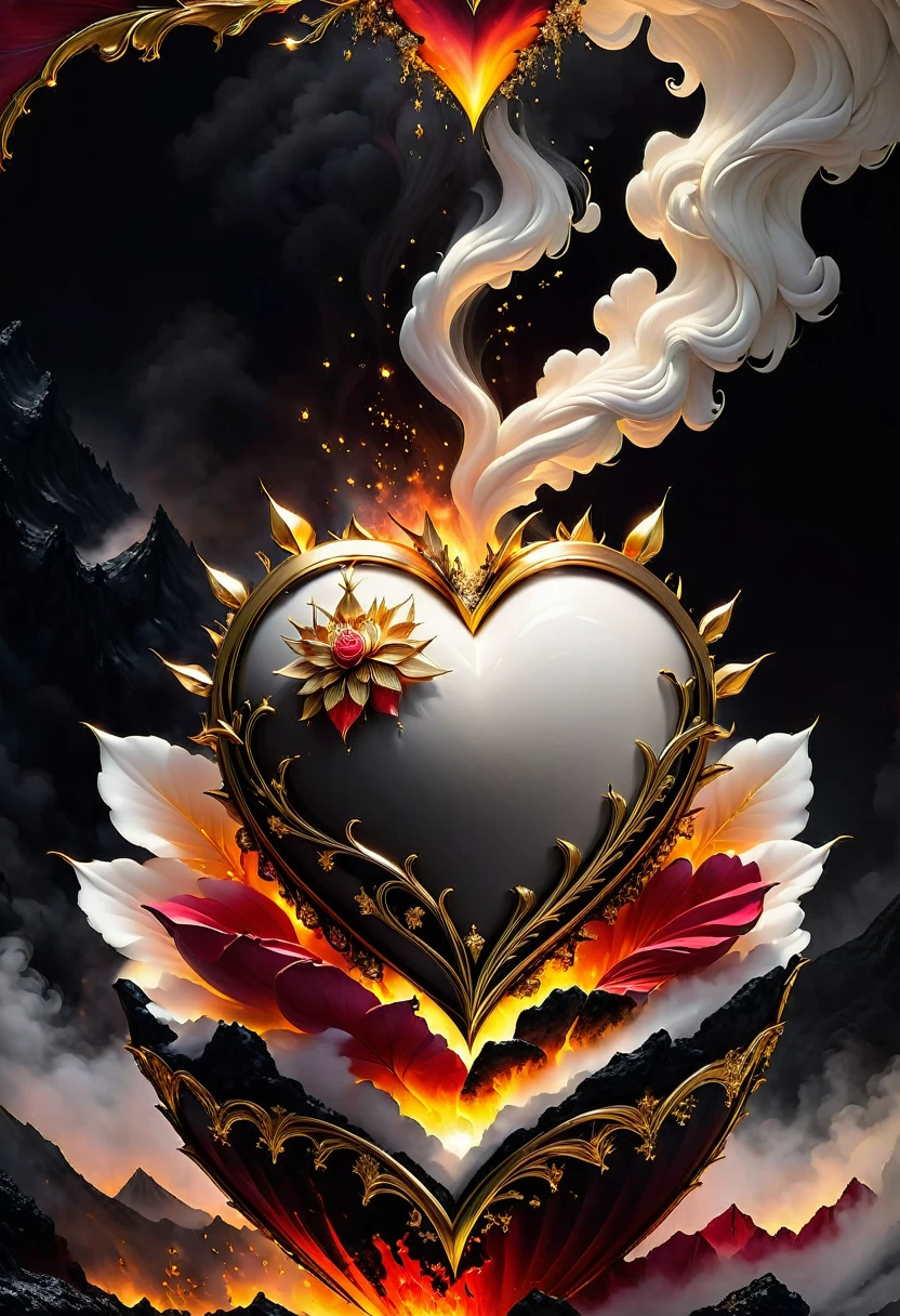 heart, fusion of rose petals and golden thorns and volcano, magma, lava, fire, extravagant, elegant, thick white smoke, gold black red high octane, attention to detail, high detail, high resolution, jewelry, soft lighting