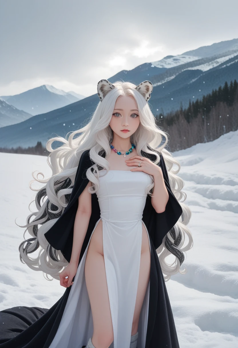 (masterpiece, best quality:1.2),1 Girl, Upper Body,Tail, large Tail, White hair, Very long hair, curls, Gray eyes, deTailed eyes, Colorful hair, ring, Bead necklace, Animal ears, Leopard ears, Black cape, White Dress, - Hip vents, Pelvic Curtain, Grey knee-length socks, snow, snow mountains, snowstorm, Volumetric Lighting, Subsurface scattering, light, Chiaroscuro, Flowing hair, Place your hands on your chest