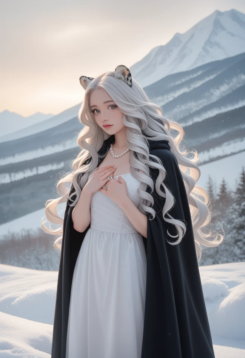 (masterpiece, best quality:1.2),1 Girl, Upper Body,Tail, large Tail, White hair, Very long hair, curls, Gray eyes, deTailed eyes, Colorful hair, ring, Bead necklace, Animal ears, Leopard ears, Black cape, White Dress, - Hip vents, Pelvic Curtain, Grey knee-length socks, snow, snow mountains, snowstorm, Volumetric Lighting, Subsurface scattering, light, Chiaroscuro, Flowing hair, Place your hands on your chest