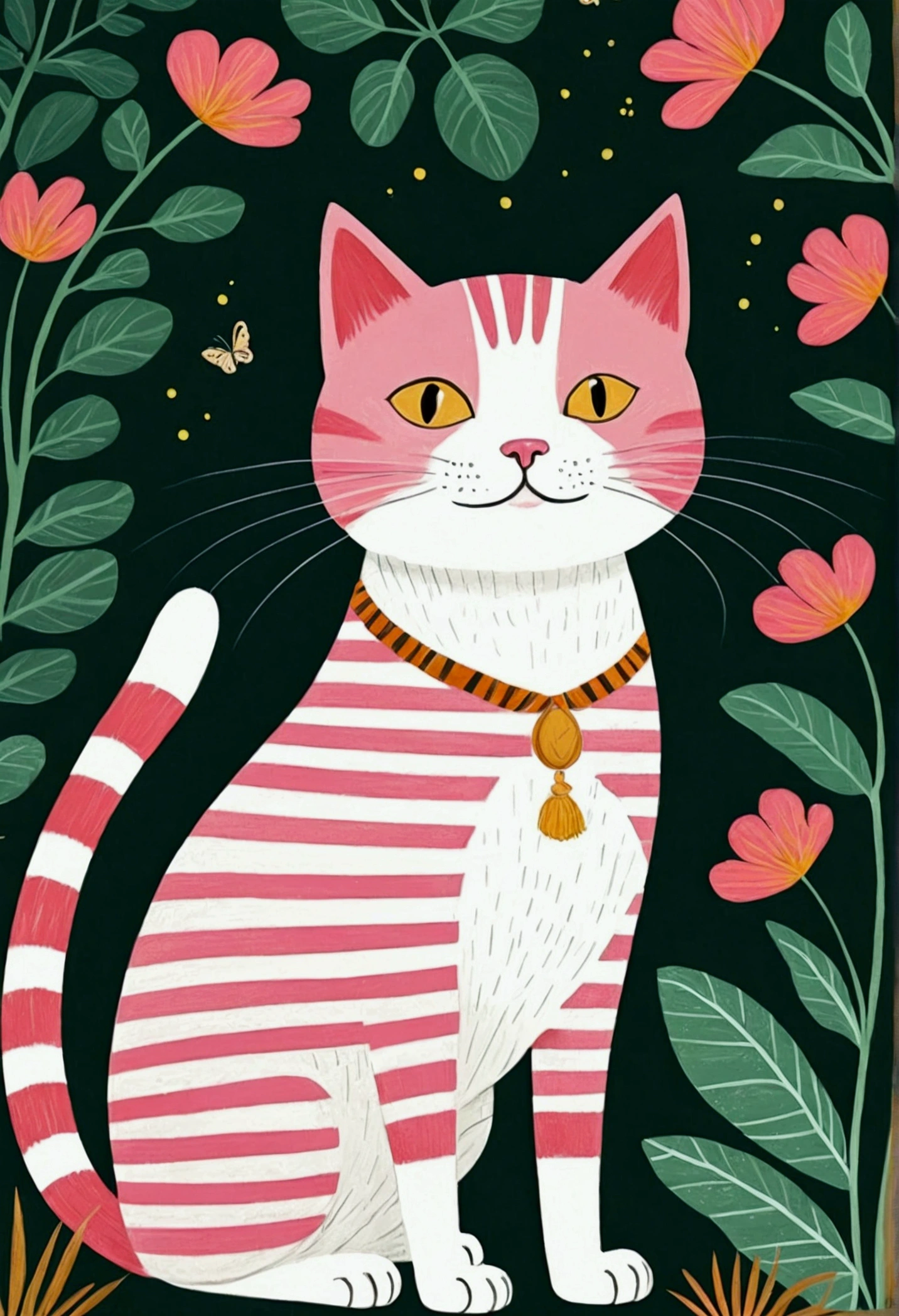 There is a black cat，Wearing a pink and white striped shirt, Cat design, 一只猫的illustration, 可爱的illustration, an Anthropology Cat, Anthropology Cat, cat detailed, Anthropomorphic cat, Elegant cat, Cat Cat Cat, a A painting of a cat, A painting of a cat, Childish Art, cats and plants, cat in the forest, illustration of a cat, Drawn in a whimsical style, cute illustration, Jane Newland, illustration!, #illustration, A painting of a cat, cute storybook illustration