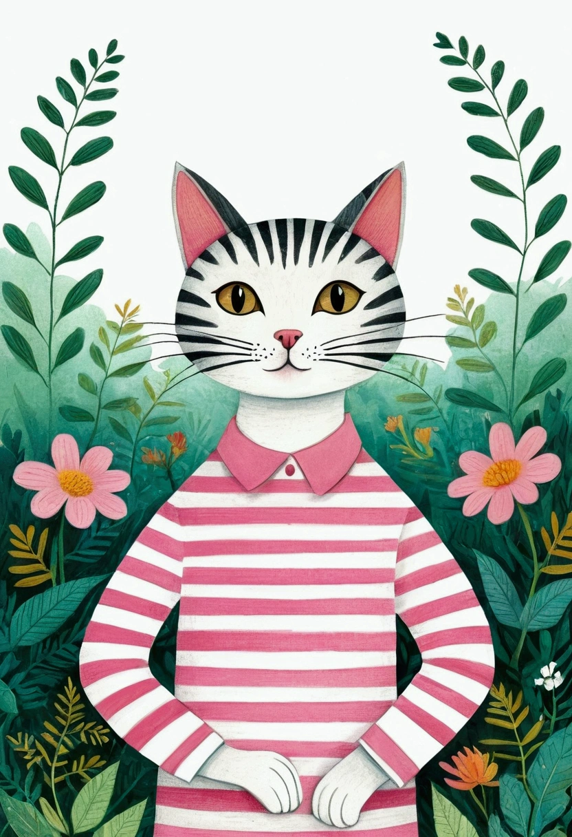 There is a black cat，Wearing a pink and white striped shirt, Cat design, 一只猫的illustration, 可爱的illustration, an Anthropology Cat, Anthropology Cat, cat detailed, Anthropomorphic cat, Elegant cat, Cat Cat Cat, a A painting of a cat, A painting of a cat, Childish Art, cats and plants, cat in the forest, illustration of a cat, Drawn in a whimsical style, cute illustration, Jane Newland, illustration!, #illustration, A painting of a cat, cute storybook illustration