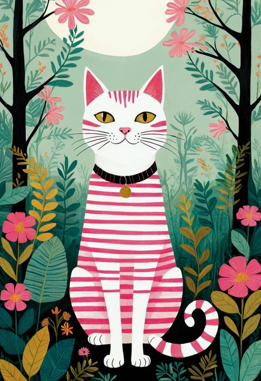 There is a cat,Wearing a pink and white striped shirt, Cat design, 一只猫的illustration, 可爱的illustration, an Anthropology Cat, Anthropology Cat, cat detailed, Anthropomorphic cat, Elegant cat, Cat Cat Cat, a A painting of a cat, A painting of a cat, Childish Art, cats and plants, cat in the forest, illustration of a cat, Drawn in a whimsical style, cute illustration, Jane Newland, illustration!, #illustration, A painting of a cat, cute storybook illustration