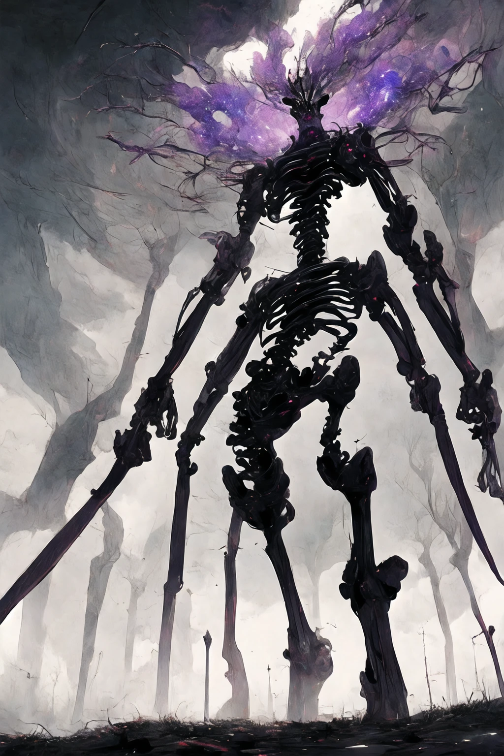 (((Highest quality)))(((Best Image)))(((anatomy)))外見は黒いfog,Wear shiny armor,Modern Battle Suits(((Appearance)))The shape is humanoid,Wearing armour(((Features)))Eyes glowing red,The shape is made of purple glowing matter..Possess modern weapons.(((male)))The skeleton is human-like、Muscle fibers are visible,fogのようなガス状のもので構築している(((background)))Barren Land,dead tree,fog,Chaotic world(((Standing posture)))Battle Scenes,overwhelmingly strong,Highest quality。