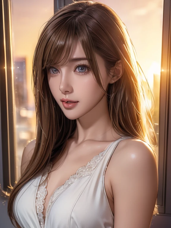 (school Teachers uniform:1.5), (realistic, realistic photo: 1.37), high definition RAW photograph, high definition and beautiful, 8k wallpaper, Amazing details, highly detailed beautiful girl, Extremely detailed face, (Finely defined super beautiful eyes:1.5), Depth of written boundary, natural soft lighting, UHD, Realistic Skin, evening sunset, (evening sunset outside the window:1.2, sunset through window:1.2), From inside the classroom, cute girl, (Tight hair), (Ultra Soft hair), (ultra straight hair), Straight bangs, light coppery amber hair, skinny body, Curvaceous, Beautiful breasts, small breasts, pale skin, pointed breast, (Best Quality, High quality, High Definition, high quality texture, high detailing, Beautiful detailed, fine detailed, extremely details CG, Detailed texture,realistic representation of face, masterpiece, presence,Dynamic,Bold), Ultra detailed skin, Perfect Face, looking at the viewer, beautiful clavicle, Backlight,