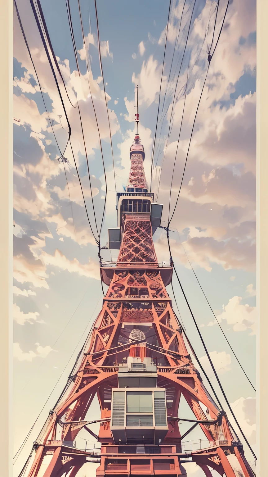 Realistic、Ropeway to Tokyo Tower、Depicting the progress towards Tokyo Tower、sunny、Looking up from below